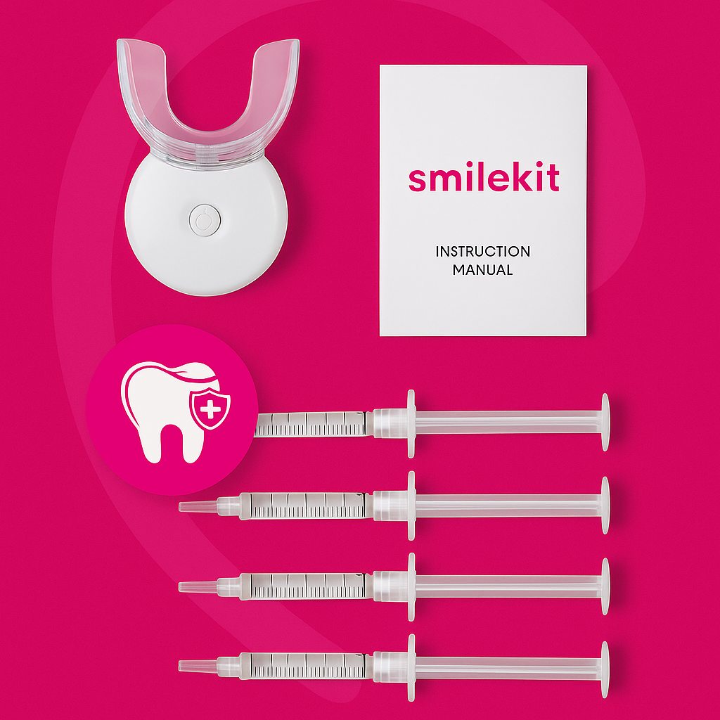 نمای داخل جعبه کیت سفیدکننده Smilekit به‌همراه LED و لوازم